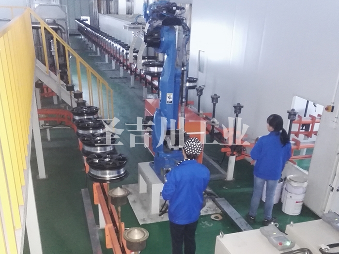 鋁輪轂底粉固化后機(jī)器人轉(zhuǎn)線機(jī)構(gòu)